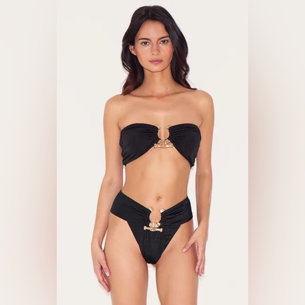 PrettyLittleThing Black Strapless Bikini BOTTOMS ONLY with Gold Hardware